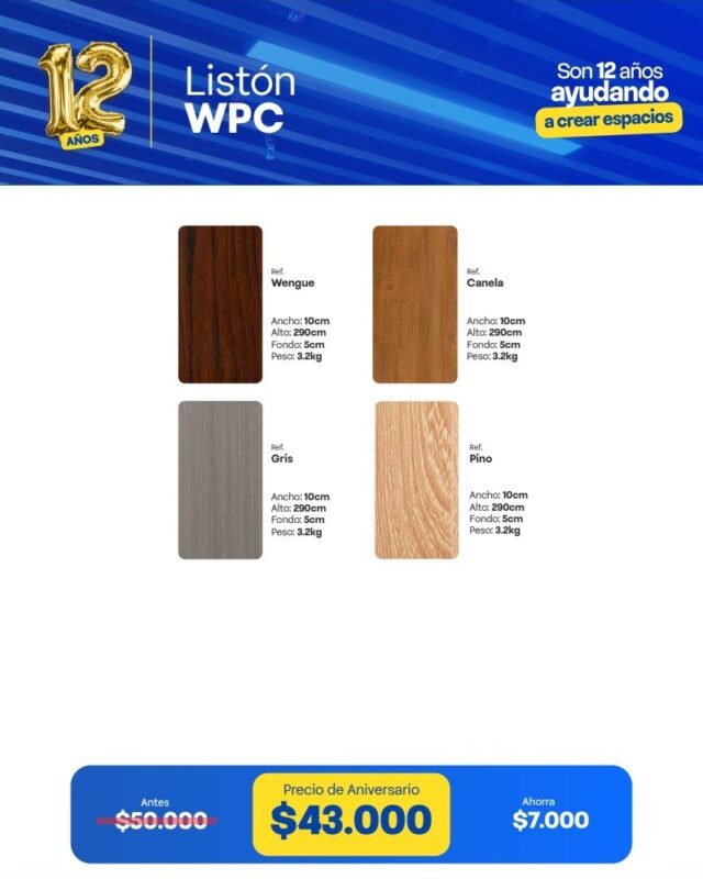Listón WPC Interior 4 Colores listón WPC interior 10 cm